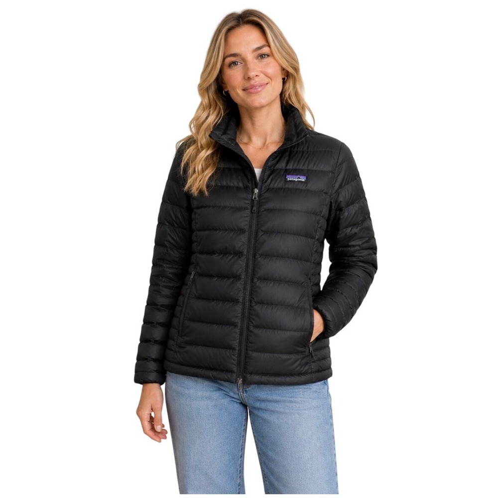Patagonia Womens Down Sweater Jacket Black Puffer Full Zip Quilted Large L 84683